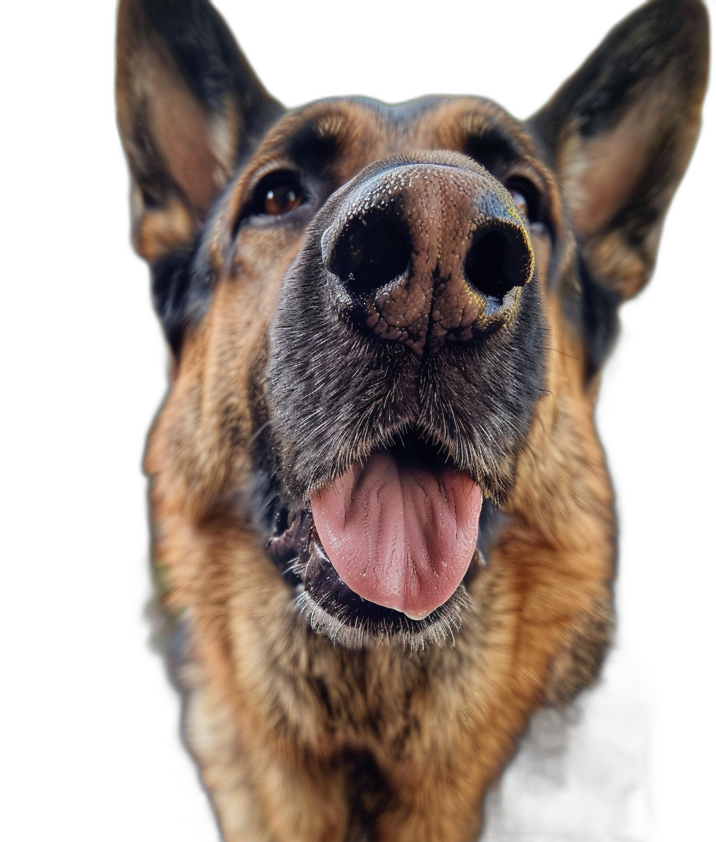 A happy German Shepherd with its tongue out, in a closeup on a black background, in the style of portrait photography, with high resolution, very detailed, hyper realistic, in the style of professional photography.