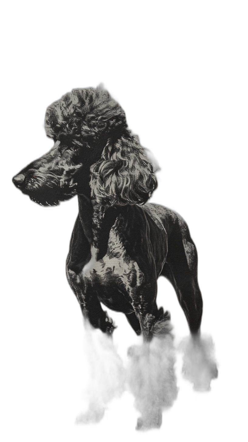 Poodle, black background, laser etched on paper, full body, high contrast, dark art style, charcoal drawing, high resolution, high quality, high detail,