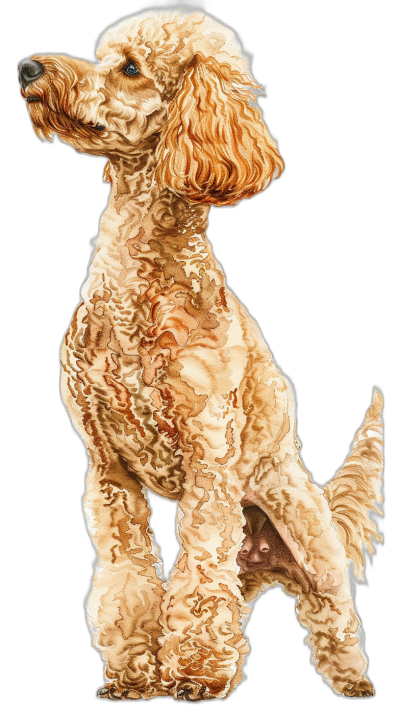 A full body shot of happy C"Poodle Dog Style, detailed watercolor illustration clipart, rich deep earthy tones, light beige and gold on black background, no shadows , white space for text, high resolution