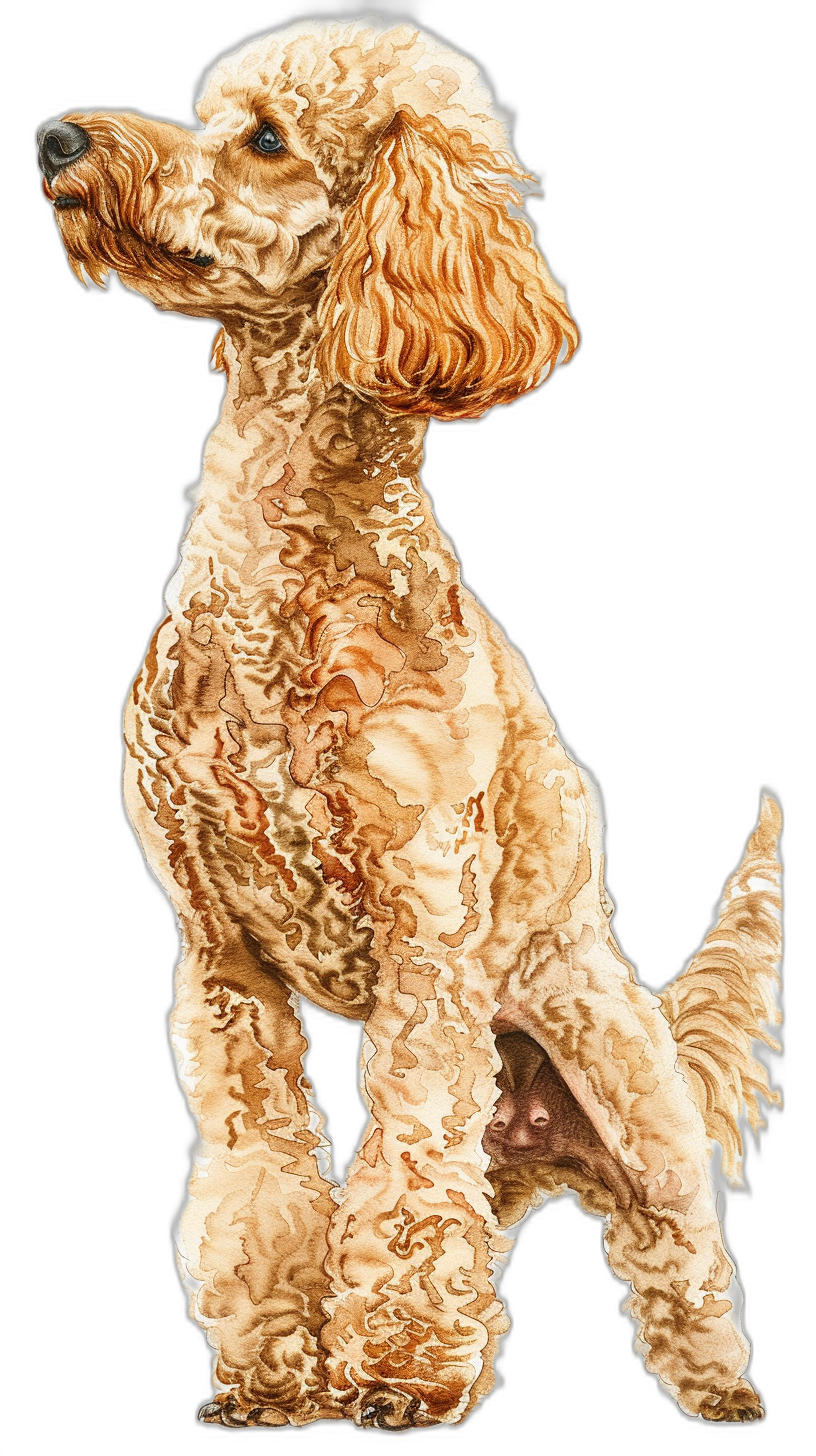 A full body shot of happy C”Poodle Dog Style, detailed watercolor illustration clipart, rich deep earthy tones, light beige and gold on black background, no shadows , white space for text, high resolution