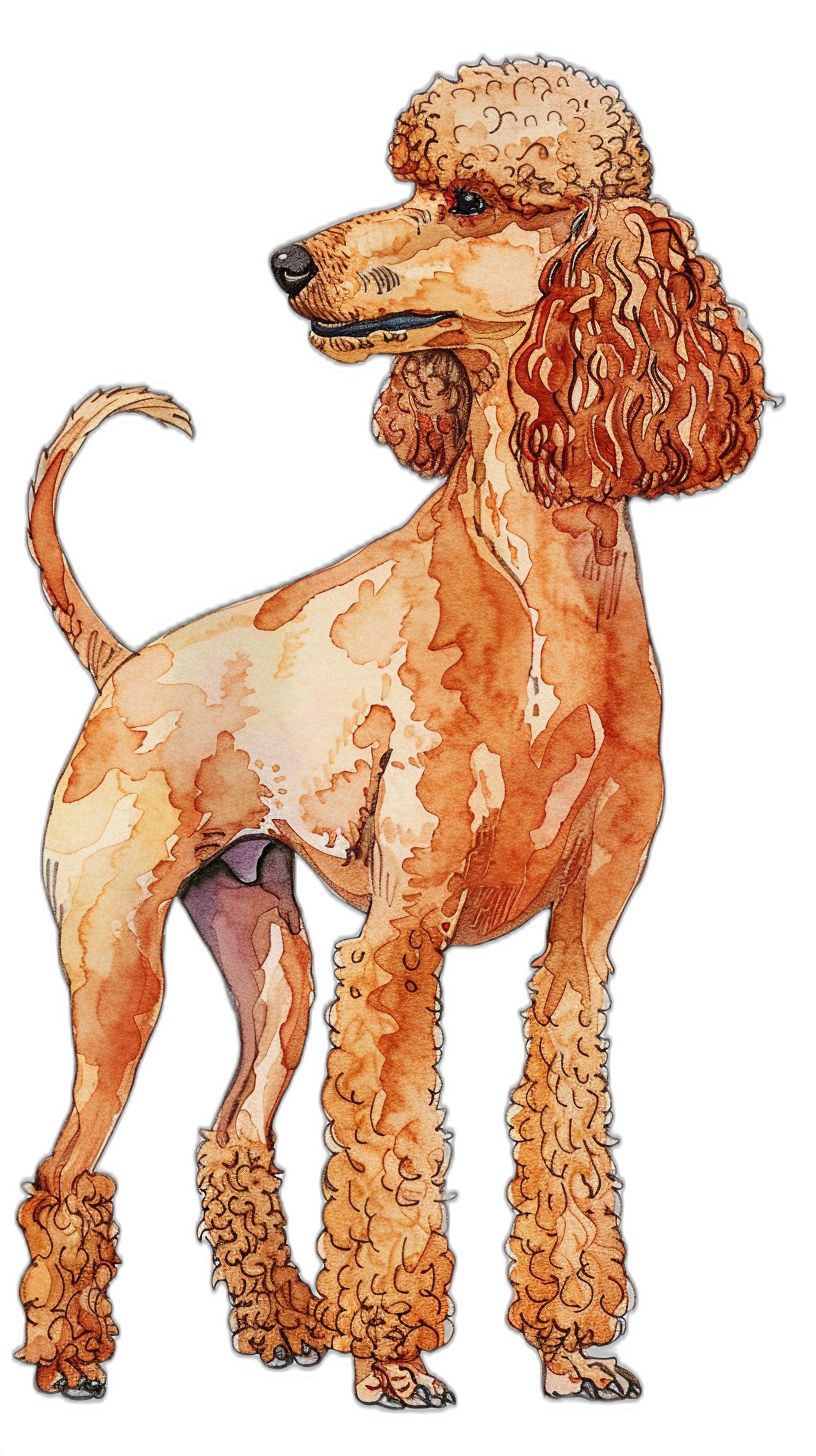 Poodle, full body watercolor illustration on a black background in the style of clipart with margins and a white canvas edge definition, using warm tones