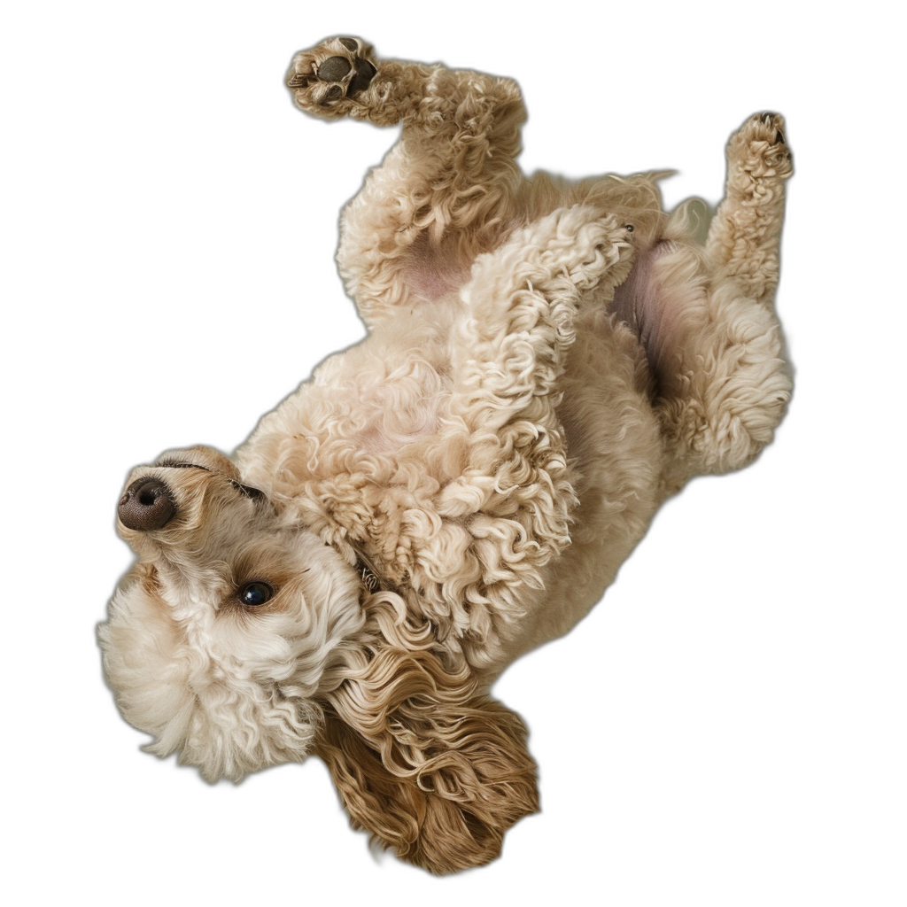 a full body photograph of an happy poodle dog rolling over on its back, view from above, isolated black background,