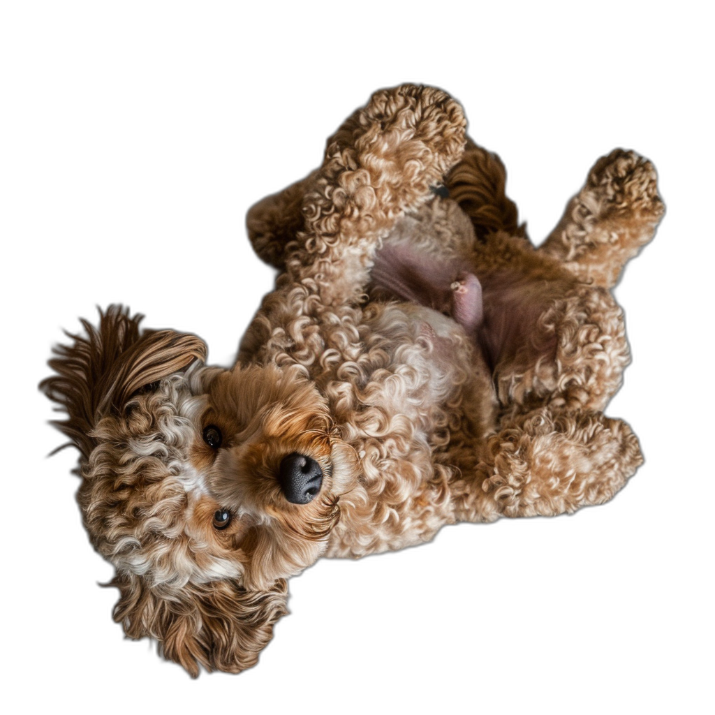 Cockapoo dog lying on its back in a playful pose, viewed from above, in the style of high definition photography, on a black background.