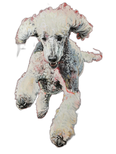 white poodle puppy running, black background, full body, detailed drawing, by Mc Escher, in the style of surrealistic realism, oil pastel painting, airbrush artistry