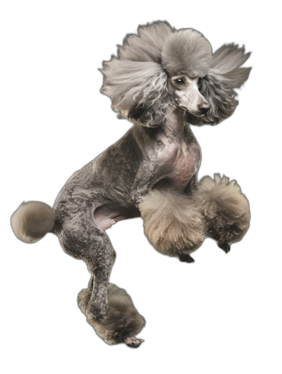 A full body shot of a grey poodle jumping, with hair all over its face and back, in a studio photography setting against a black background, as a beauty portrait, with soft light, for an ultra realistic photo quality, with no shadows on the dog's fur.