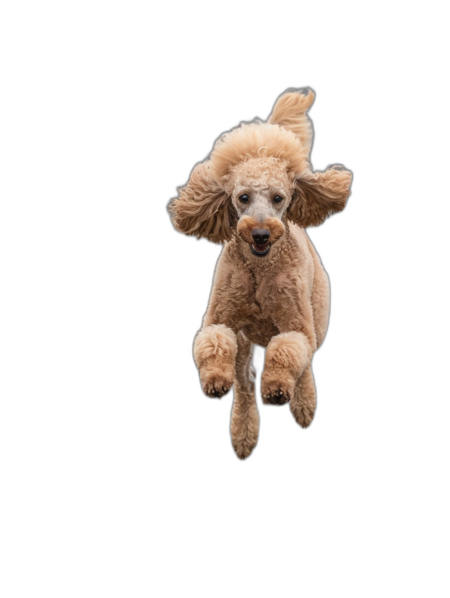 Poodle in mid air, isolated on black background, professional photography, high quality photo, high resolution, high definition