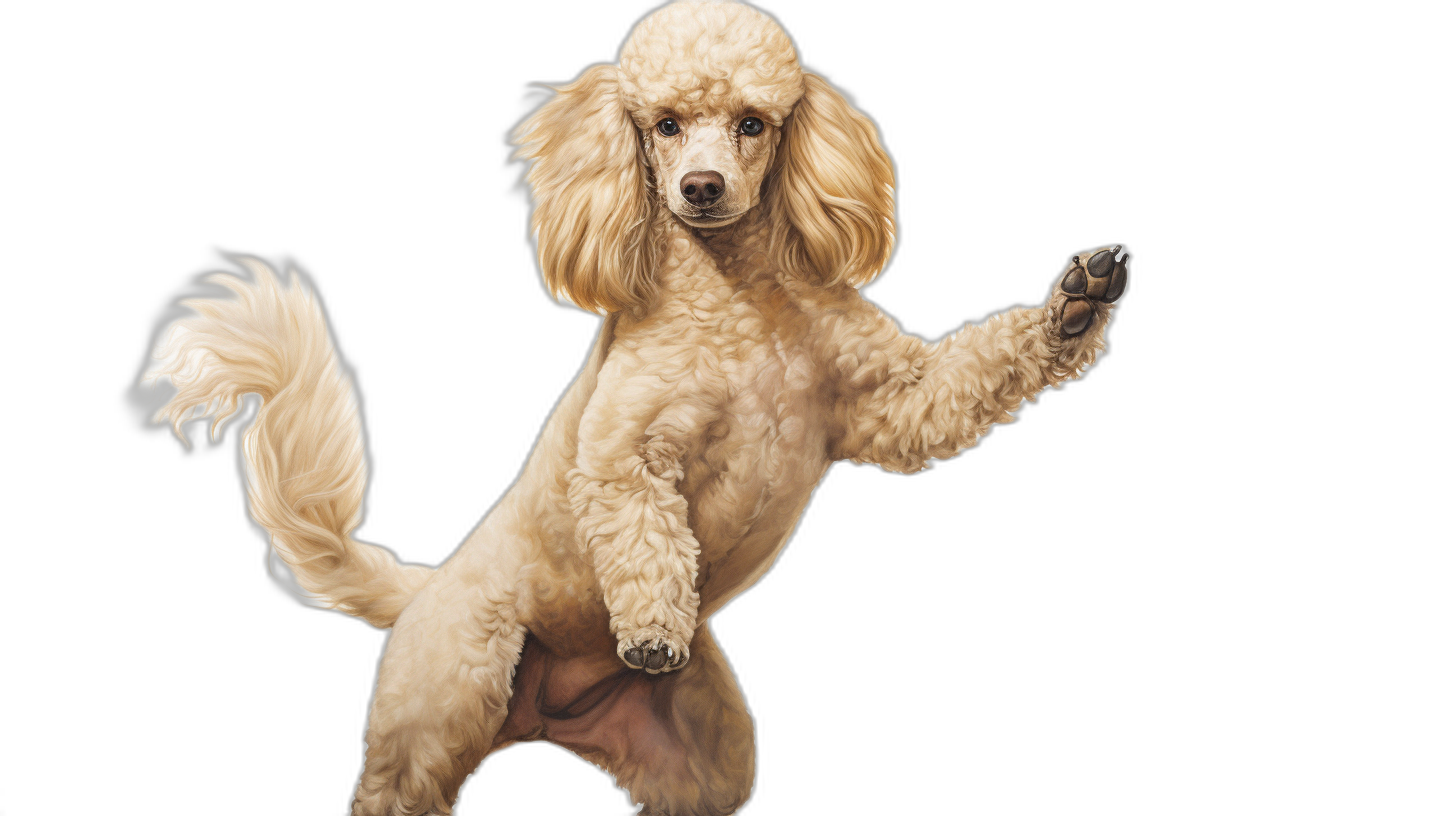 A cream colored poodle doing an acrobatic pose on a black background, in a full body shot, in the style of photorealistic art.