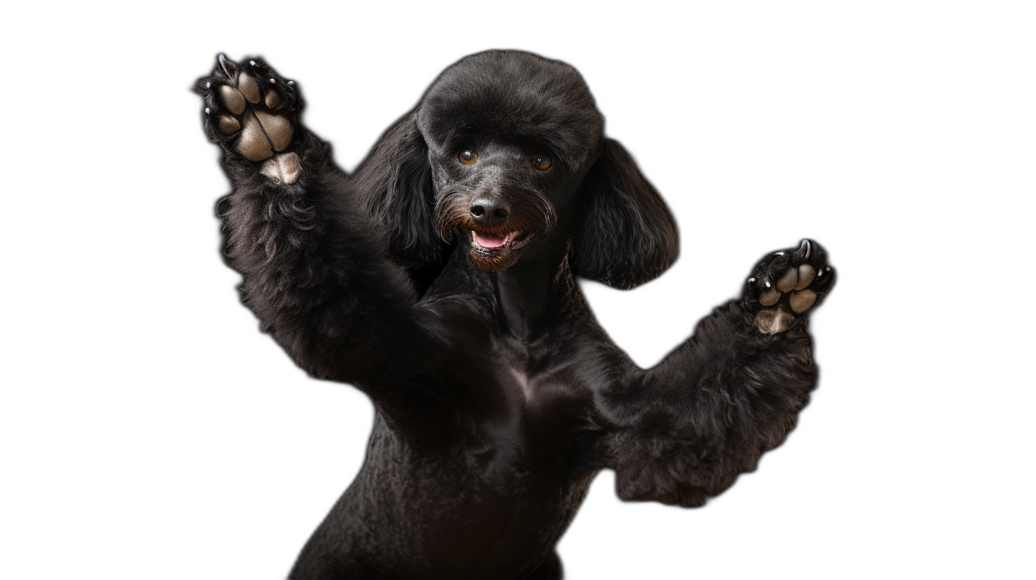 Black Poodle dog dancing with paws up isolated on black background, studio shot, photorealistic, high resolution photography