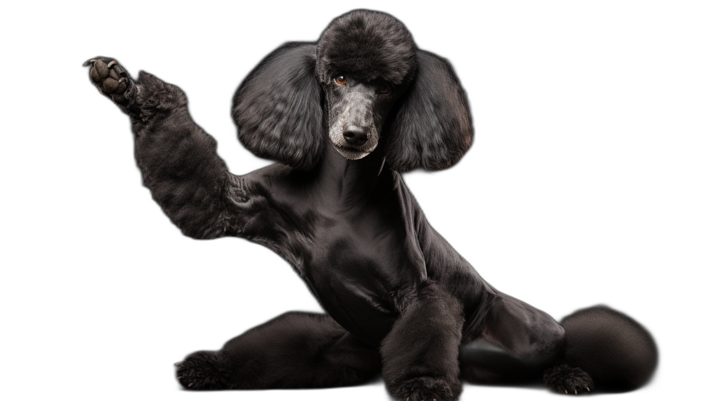 Black poodle doing kung fu, black background, Award winning photography, professional color grading, soft shadows, no contrast, clean sharp focus digital photography