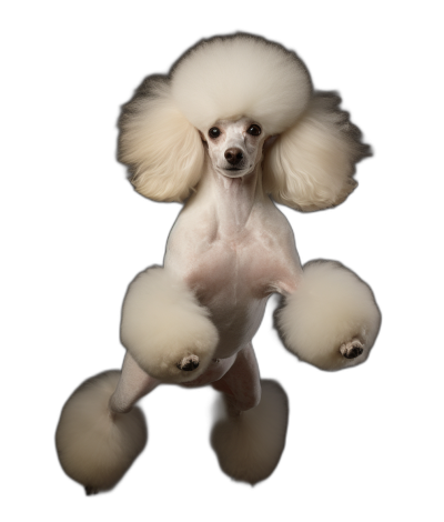 a white poodle with four legs, black background, photograph by Michael LaBlue,