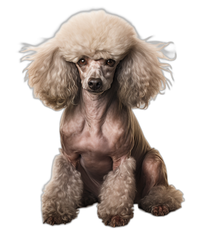 full body poodle dog, realistic detailed illustration, sitting on black background, hairless headshot, looking straight at camera