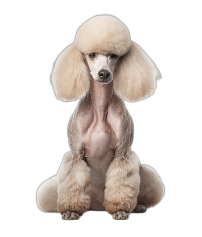 A light cream colored poodle sitting up with its head tilted, on a black background, with a symmetrical body, in high definition photography, in the style of hyper realistic.