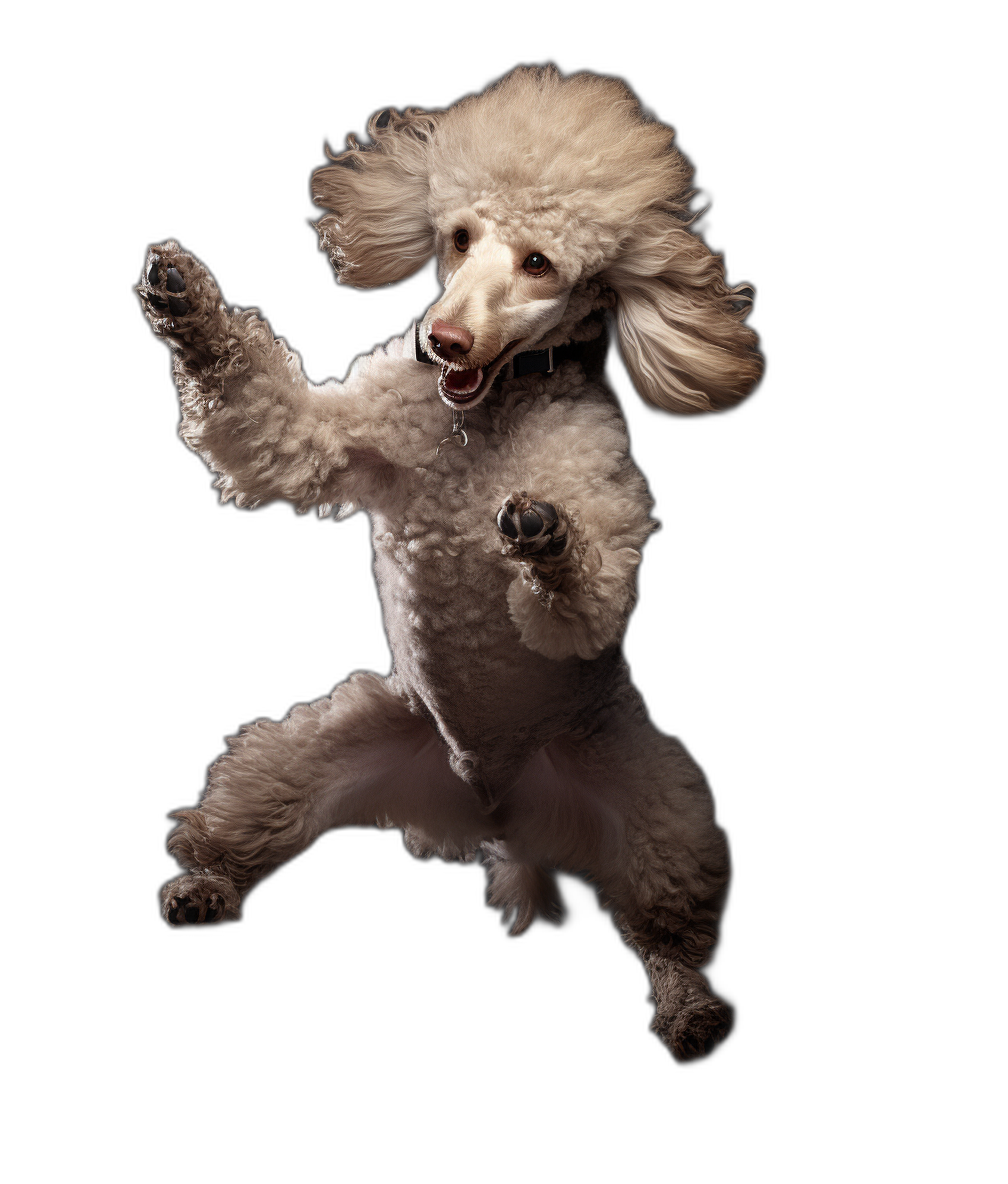 A full body shot of a happy white poodle jumping, isolated on a black background, in the style of Hasselblad photography by [Peter Coulson](https://goo.gl/search?artist%20Peter%20Coulson).