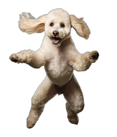 A creamcolored Poodle dog is jumping in the air, with its front paws outstretched and legs raised high. The ears of his head have long hair that covers half or all eyes. He has an expression full of joy on her face. black background. Award winning photography.