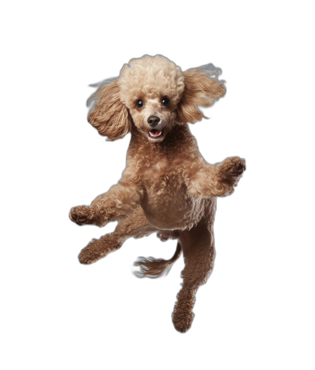 A brown poodle is jumping in the air, captured in the style of photographer Richard. It is a characteristic studio portrait, with a full body shot in high definition photography against a black background with natural light and warm tones. The poodle has a lively and cheerful expression in the high resolution image.