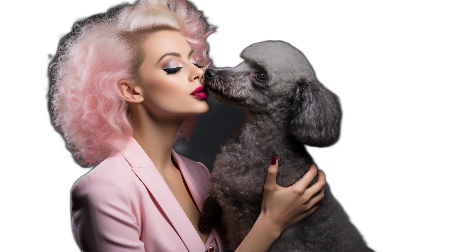 Beautiful blonde woman in pink suit with her gray poodle dog isolated on black background, beautiful makeup and hair style, kissing the grey Puzzled Pooch , fashion photography, high detail, studio light, sharp focus, canon r5