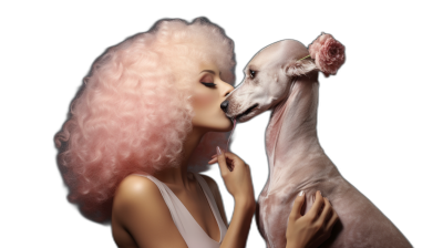 A fashion photo of an elegant woman with pink hair in big curls, kissing her bald white greyhound dog, isolated on a black background, beauty shot, in the style of Hasselblad X2D 640mm.