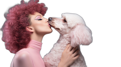 A photo of an elegant woman with pink curly hair, kissing her white poodle dog in the style of [David LaChapelle](https://goo.gl/search?artist%20David%20LaChapelle), fashion photography with studio lighting against a black background, featuring high resolution and detailed skin texture, shot on a Sony Alpha A7 III camera.