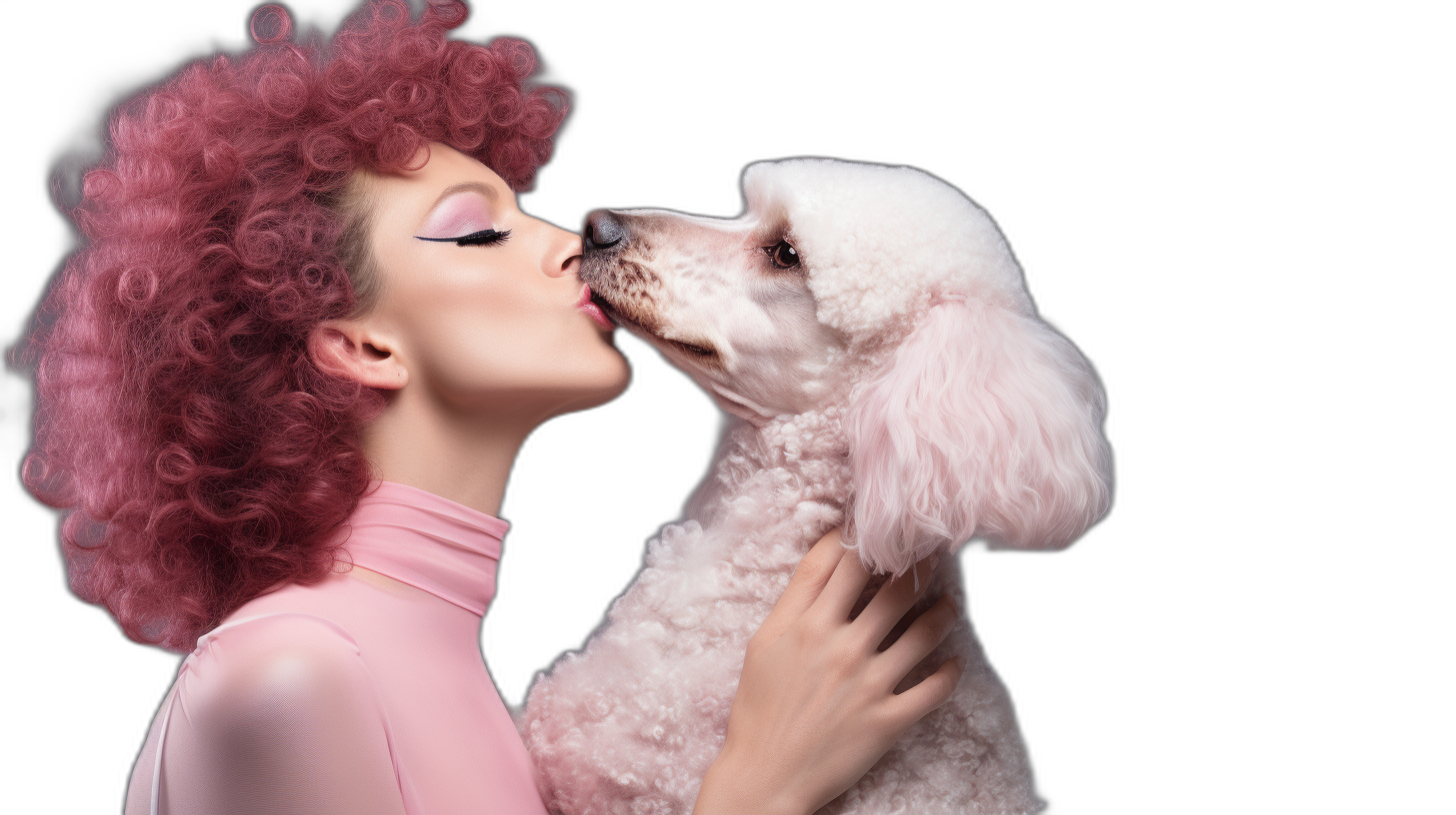 A photo of an elegant woman with pink curly hair, kissing her white poodle dog in the style of [David LaChapelle](https://goo.gl/search?artist%20David%20LaChapelle), fashion photography with studio lighting against a black background, featuring high resolution and detailed skin texture, shot on a Sony Alpha A7 III camera.