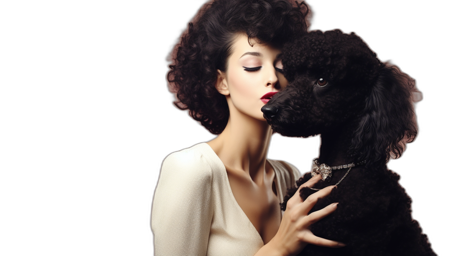 A fashion portrait of an elegant woman with big curly hair, holding and kissing her black poodle dog on the neck, isolated in white against a dark background, in the style of a studio shot.