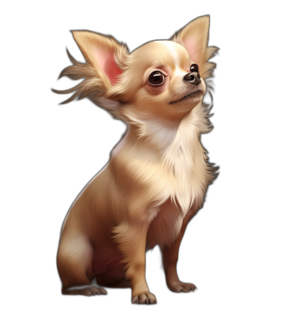 Create an illustration of the cute and fluffy Chihuahua sitting on black background, caricature style, hyperrealistic illustrations, light beige with subtle highlights in color, full body shot, high resolution