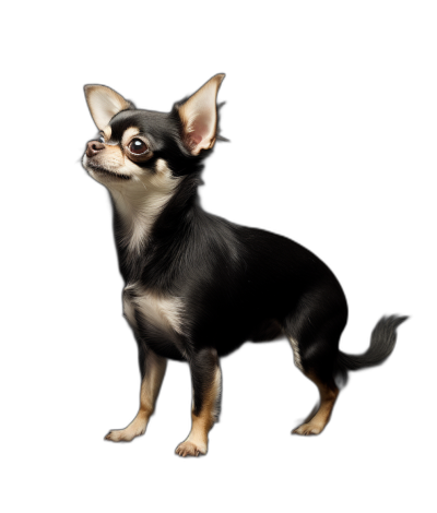 chihuahua standing and looking up against a black background in a side view, with professional photography and studio lighting in the style of the photograph.