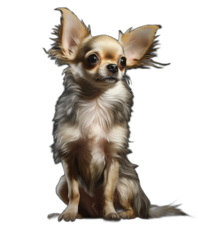 A hyper realistic digital painting of the full body portrait of an adorable chihuahua sitting on black background, looking straight at camera, long hair and small ears