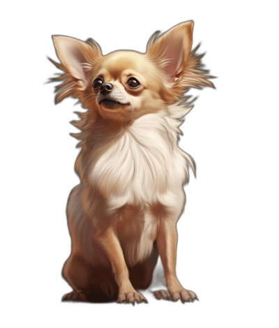 An adorable digital painting of a Chihuahua sitting full body with a black background, capturing its lively and endearing qualities in high resolution for highly detailed, masterpiece quality. The dog should have long hair and look very happy. It should be sitting on all fours.