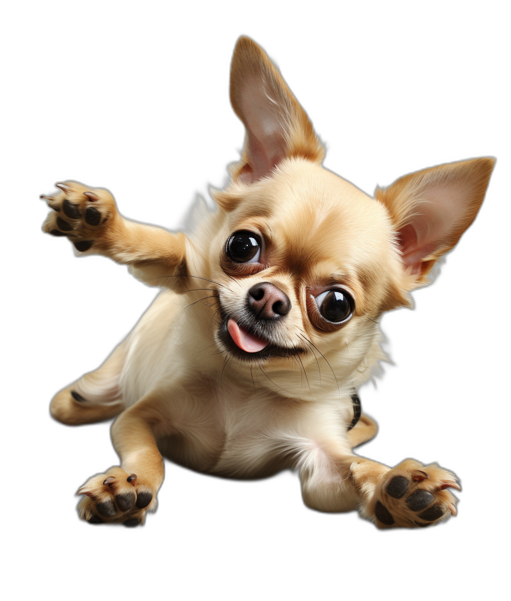 A cute happy Chihuahua puppy is flying in the air, isolated on black background, photorealistic, funny expression with tongue out, big eyes, paws hanging down from top of photo