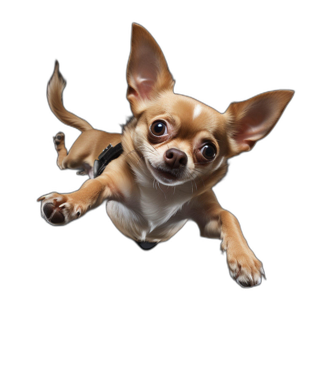 chihuahua flying, view from above, isolated on black background, high definition photography