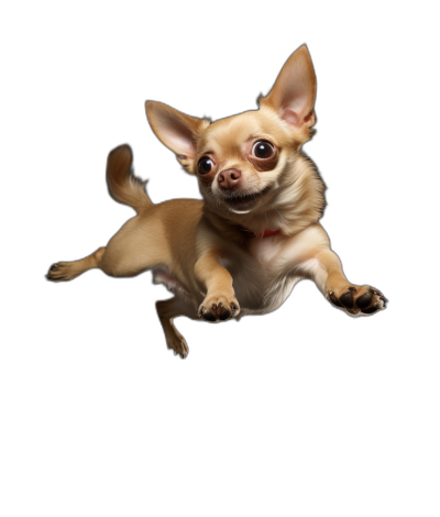 A chihuahua floating in the air, with a happy expression, big eyes, in a studio shot against a black background, in the style of high definition photography.