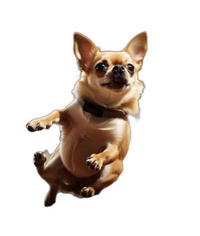 chihuahua flying, solid black background, photorealistic, studio photography, hyper realistic, high resolution, high detail, close up, portrait, sharp focus, no blur, no bokeh effect, professional lighting setup,