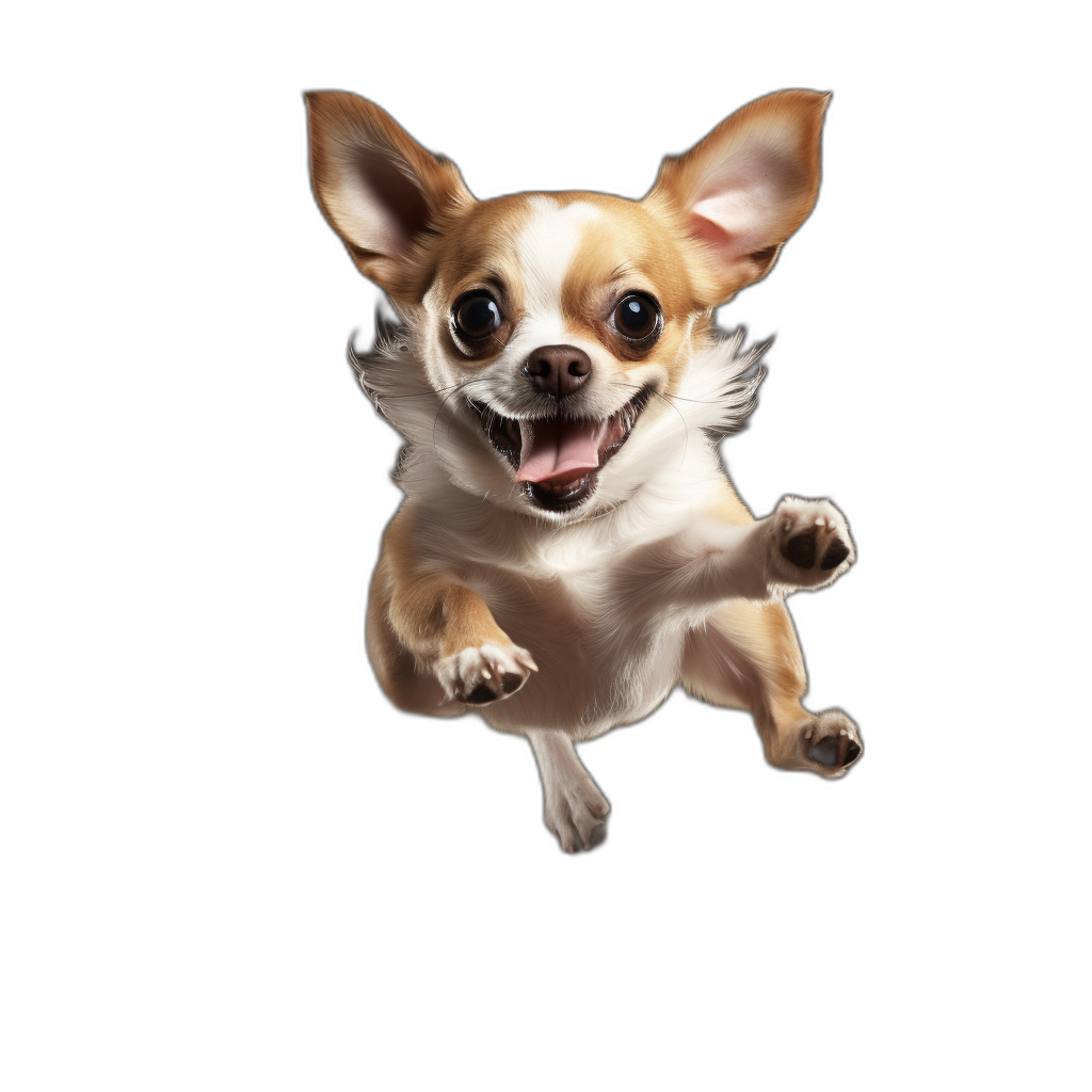 chihuahua flying in the air, happy face, isolated on black background, hyper realistic photography