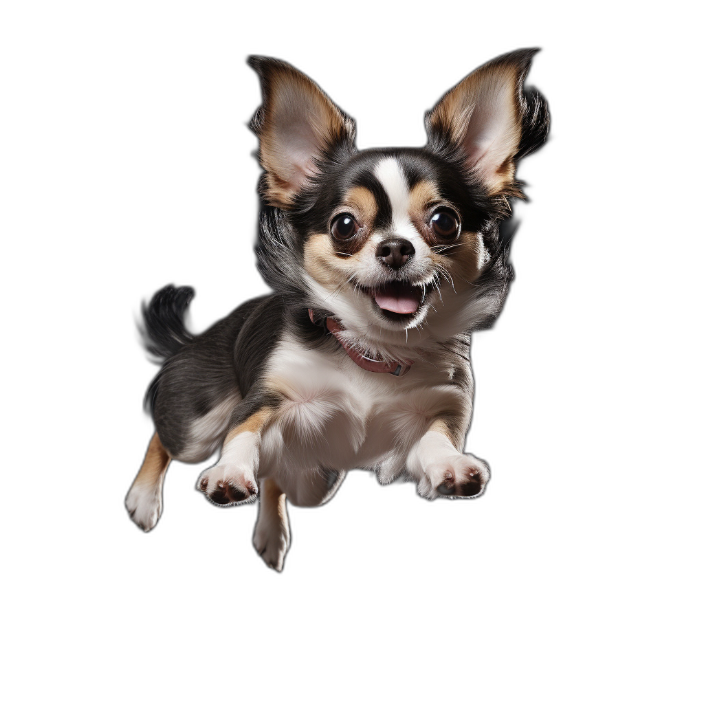 chihuahua flying, happy face, black background, studio photo shot in the style of high resolution digital photography