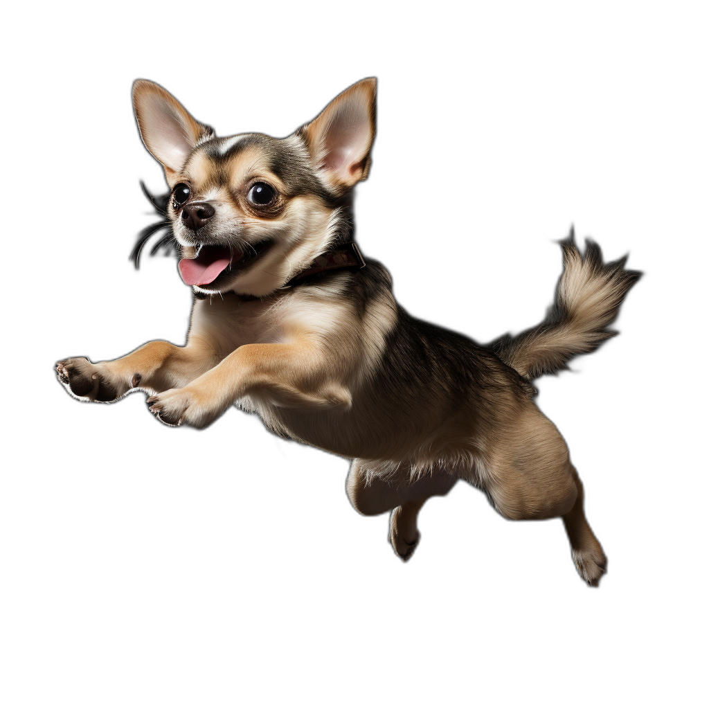 A happy and smiling Chihuahua is jumping in the air, full body, ultra realistic photography, high definition portrait on a black background.