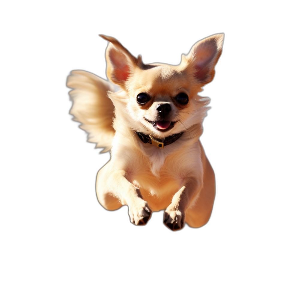 chihuahua flying, happy face, black background, hyper realistic photo