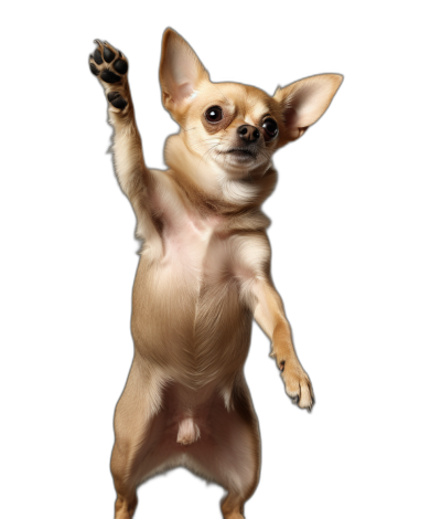 A full body photo of an adorable chihuahua dog jumping up and reaching with one paw to the sky, isolated on a black background, in the style of a hyper realistic photograph.