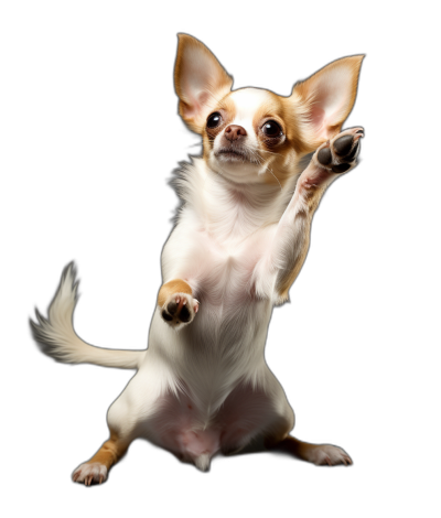 chihuahua standing on back legs, holding one paw up in the air like showing hands to give high five, black background, full body portrait photography, soft studio lighting, high definition details