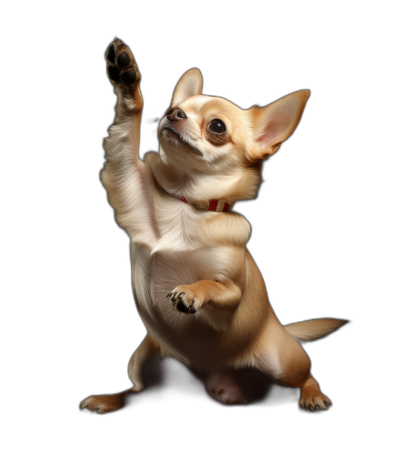 A cute light brown chihuahua is doing the high five pose with its front paws raised against a solid black background. Award winning photography in the style of professional color grading with soft shadows and clean sharp focus in digital photography.