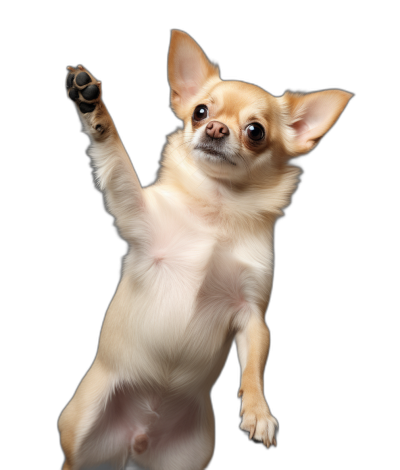 A chihuahua standing on its back legs, one paw up in the air like doing a high five gesture, against an isolated black background, with professional photography lighting and studio lighting.