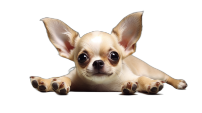 photorealistic photo of chihuahua puppy lying on his stomach, peeking from the bottom edge and holding two paws in front with big ears isolated black background