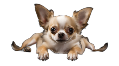 chihuahua puppy, full body, isolated on a black background, in the photo realistic style, cute and happy facial expression, laying down with paws hanging over the edge of the surface