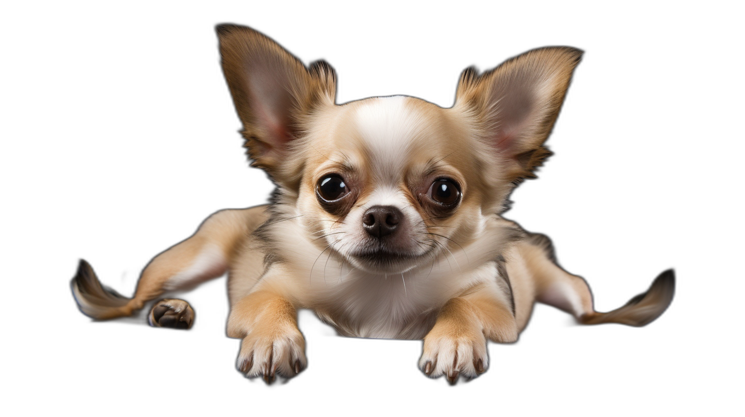 chihuahua puppy, full body, isolated on a black background, in the photo realistic style, cute and happy facial expression, laying down with paws hanging over the edge of the surface