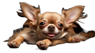 photorealistic photo of an adorable chihuahua, happy expression with big ears and long hair hanging down the face, lying on black background, studio lighting, shot from above