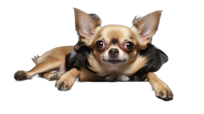 chihuahua lying down on a photo studio black background in the style of hyper detailed photo realistic art.