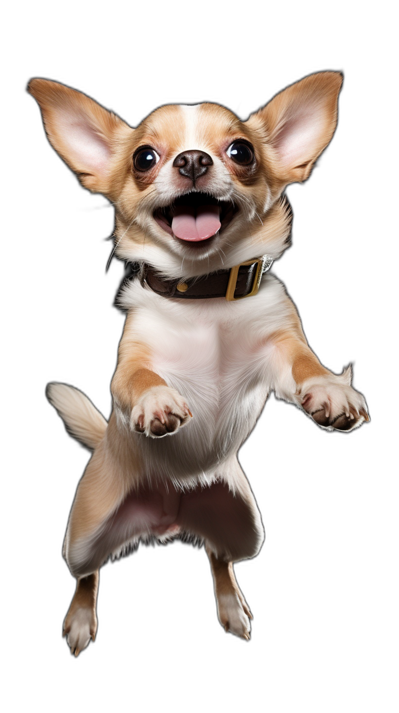 chihuahua jumping with big smile, isolated on black background, hyper realistic photography style