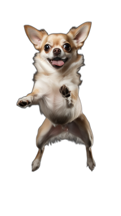 chihuahua jumping in the air, happy face, studio photo on black background, high details, sharp focus, high resolution photography