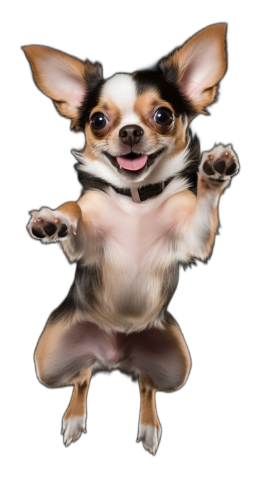 chihuahua in the air, happy face, photo realistic, black background, full body shot