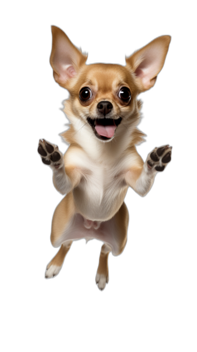 A happy Chihuahua dog is flying in the air, with big eyes and open mouth. It has four legs raised high, creating an exaggerated perspective effect on black background. The image should be in full body shot with a wideangle lens, capturing its cheerful expression and lively posture. This adorable scene captures every detail of his face and limbs, showcasing him as if he's ready to jump into action., focus stacking