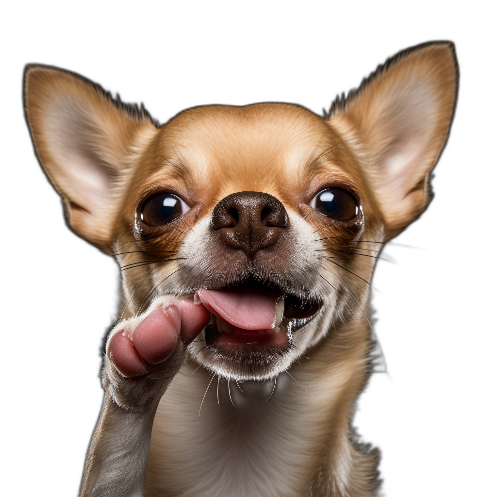 A cute happy Chihuahua dog is holding out its tongue with one paw on a black background in a photorealistic style with professional lighting, soft shadows and sharp focus creating depth of field and detailed skin texture for a photo realistic effect.